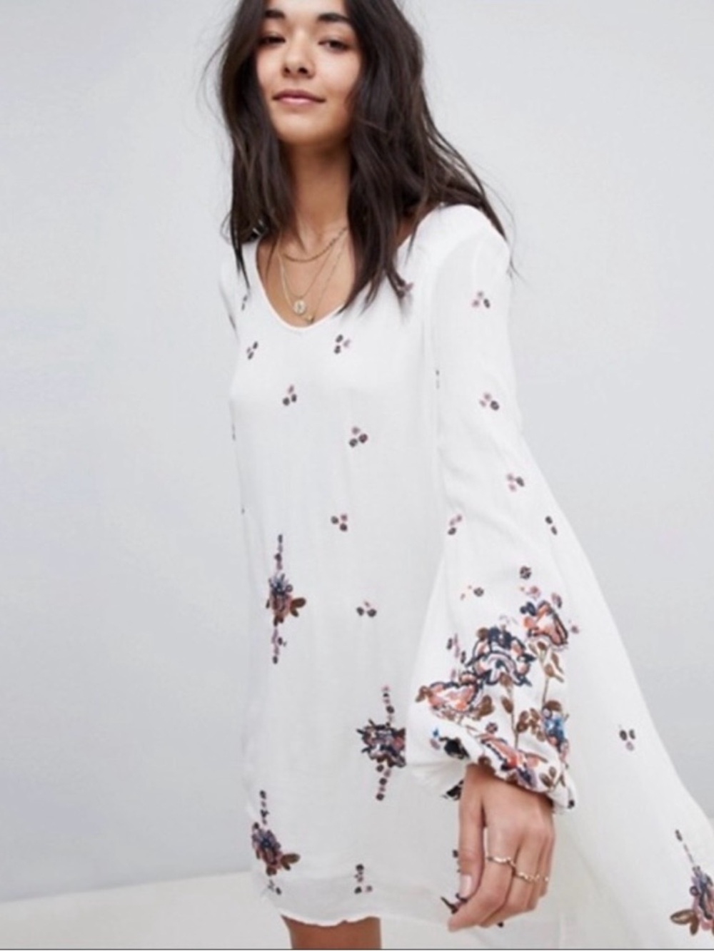Free People Cream and Purple Embroidered Midi Dress